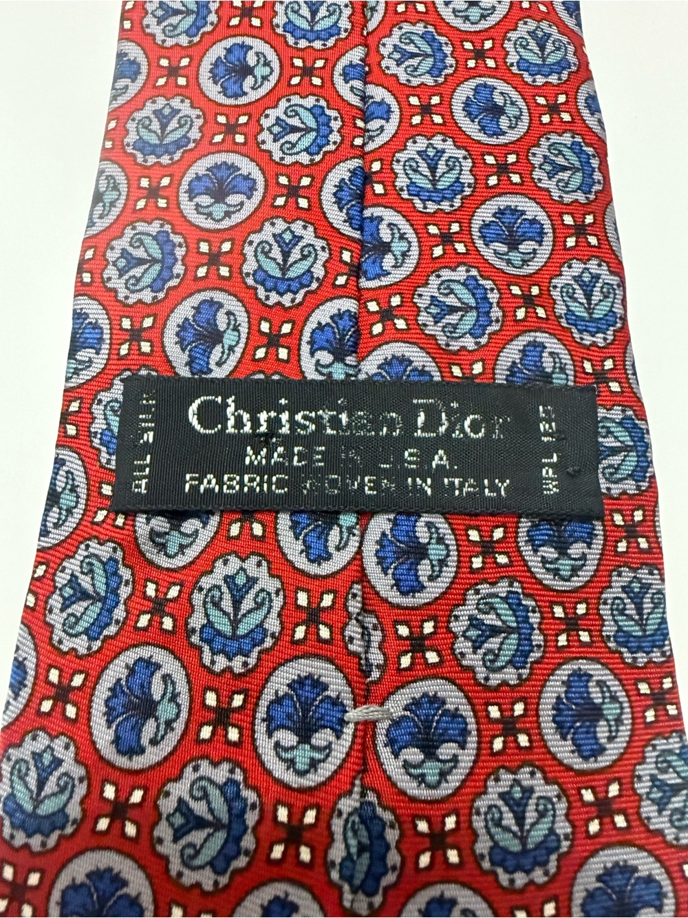 Christian Dior Silk Tie Red Blue Geometric Medallion Made USA